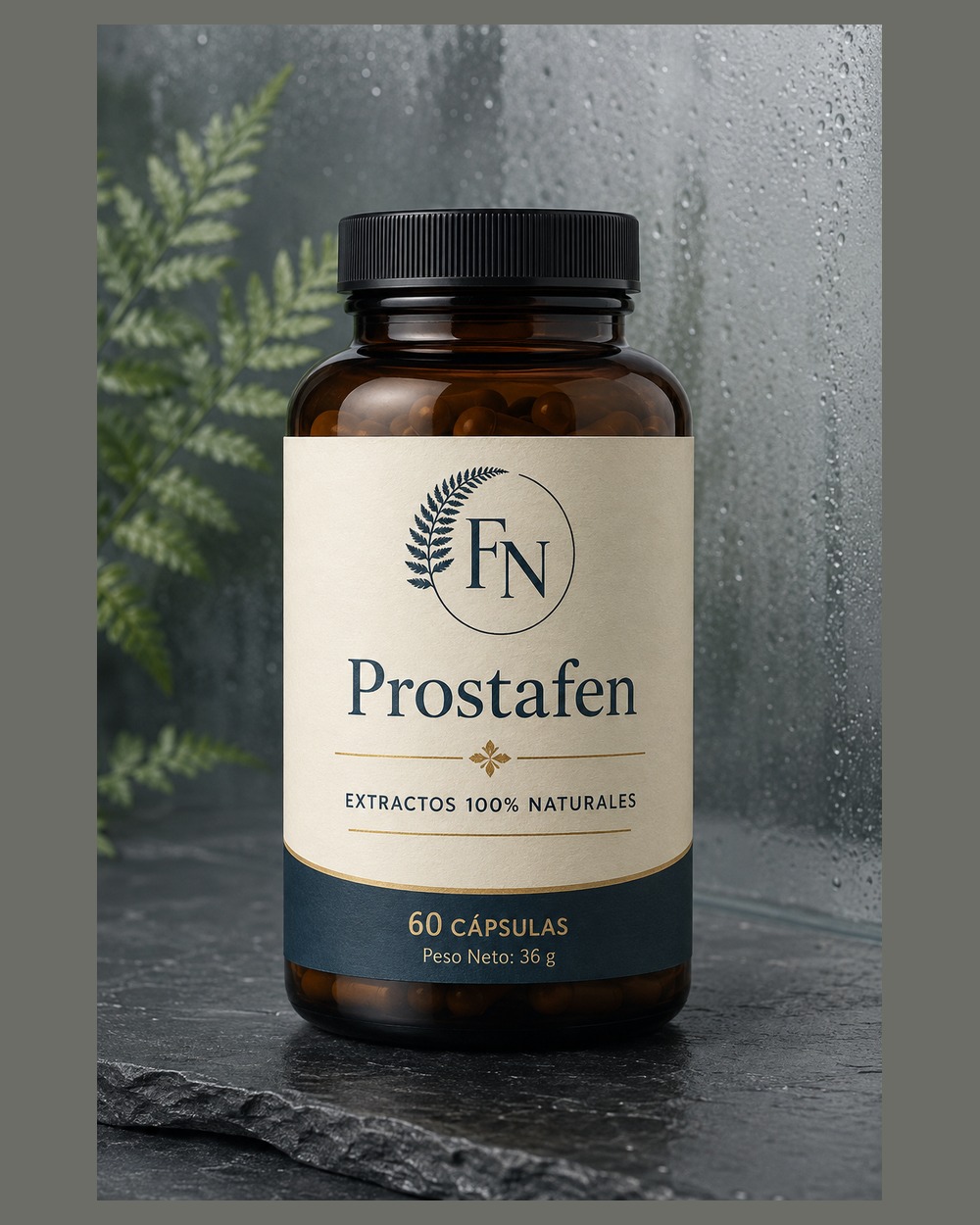 Prostafen en una composición de estudio con tonos crema y verdes
